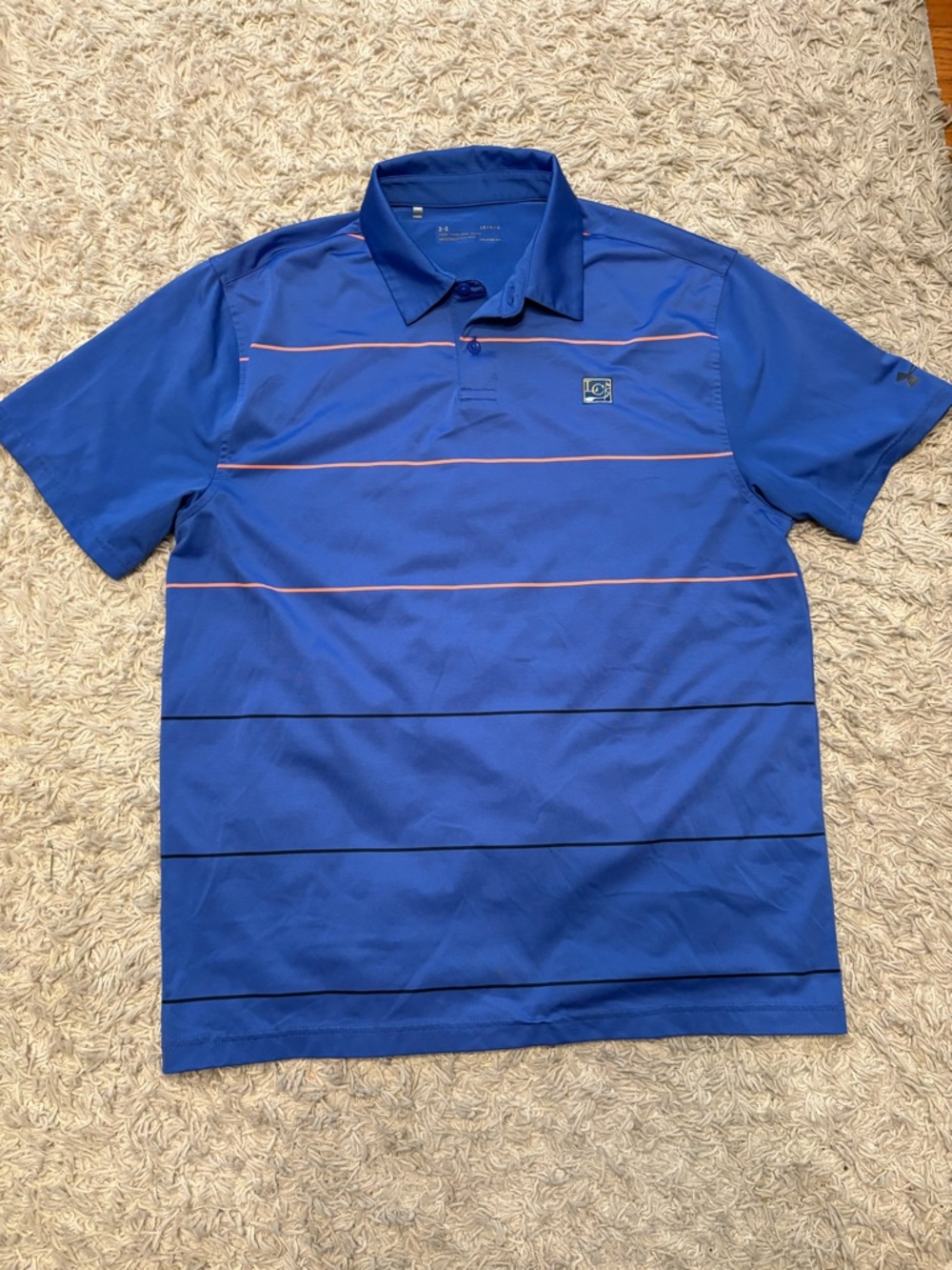 Under Armour Royal Blue Polo with Thin Pink and Black Stripes